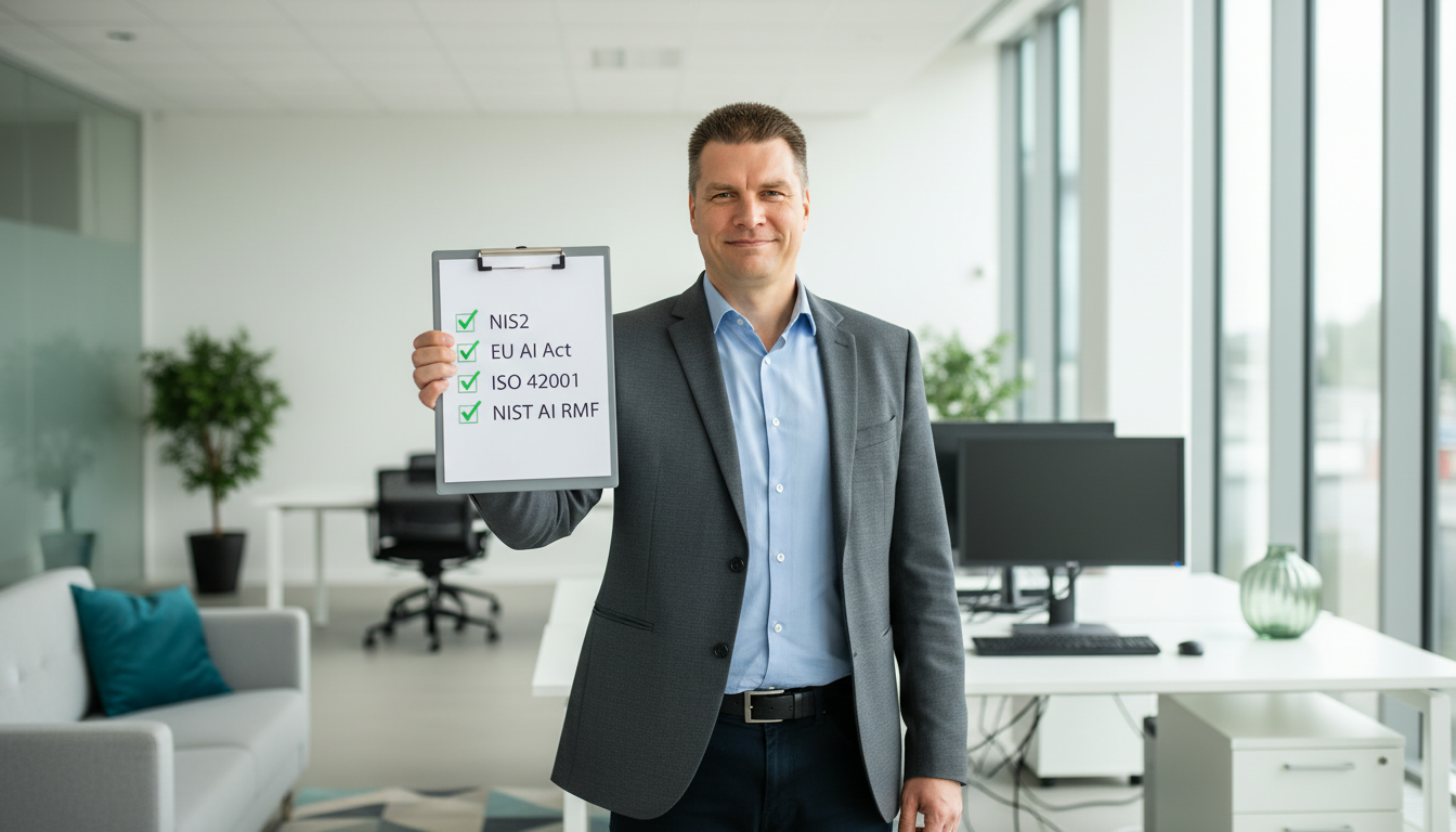 René Hoyer with a governance checklist: NIS2, EU AI Act, ISO 42001, NIST AI RMF